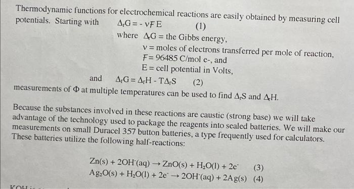 (1) Thermodynamic functions for electrochemical | Chegg.com