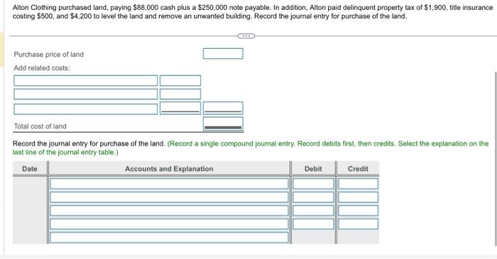 Alton Clothing purchased land, paying \( \$ 88,000 \) cash plus a \( \$ 250,000 \) note payable. In addition, Alton paid deli