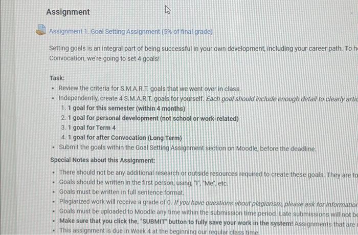 Assignment Assignment 1. Goal Setting Assignment (5% | Chegg.com
