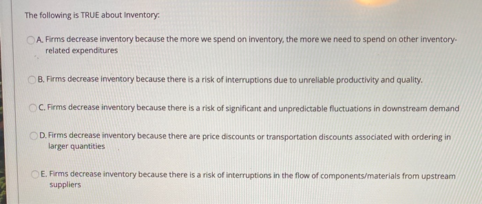 Solved The following is TRUE about Inventory: A. Firms | Chegg.com