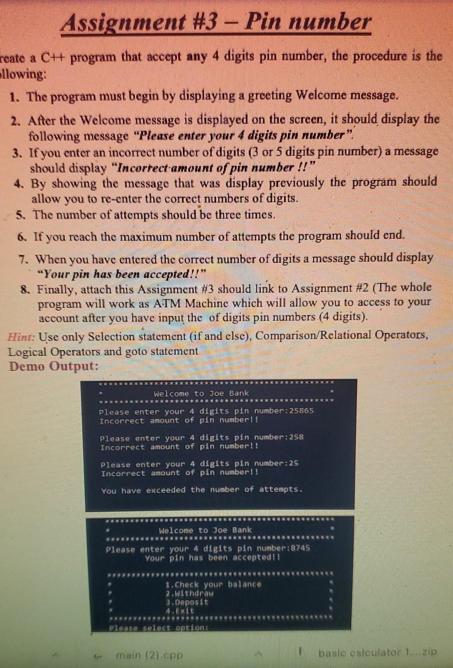 Solved Assignment #3 - Pin number reate a CH program that | Chegg.com