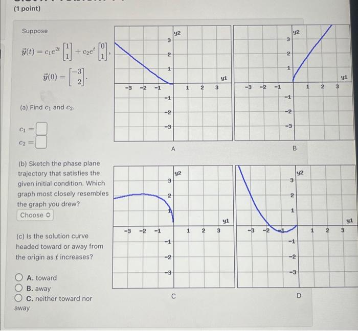 Solved Suppose y(t)=c1e2t[11]+c2et[01],y(0)=[−32]. (a) Find | Chegg.com