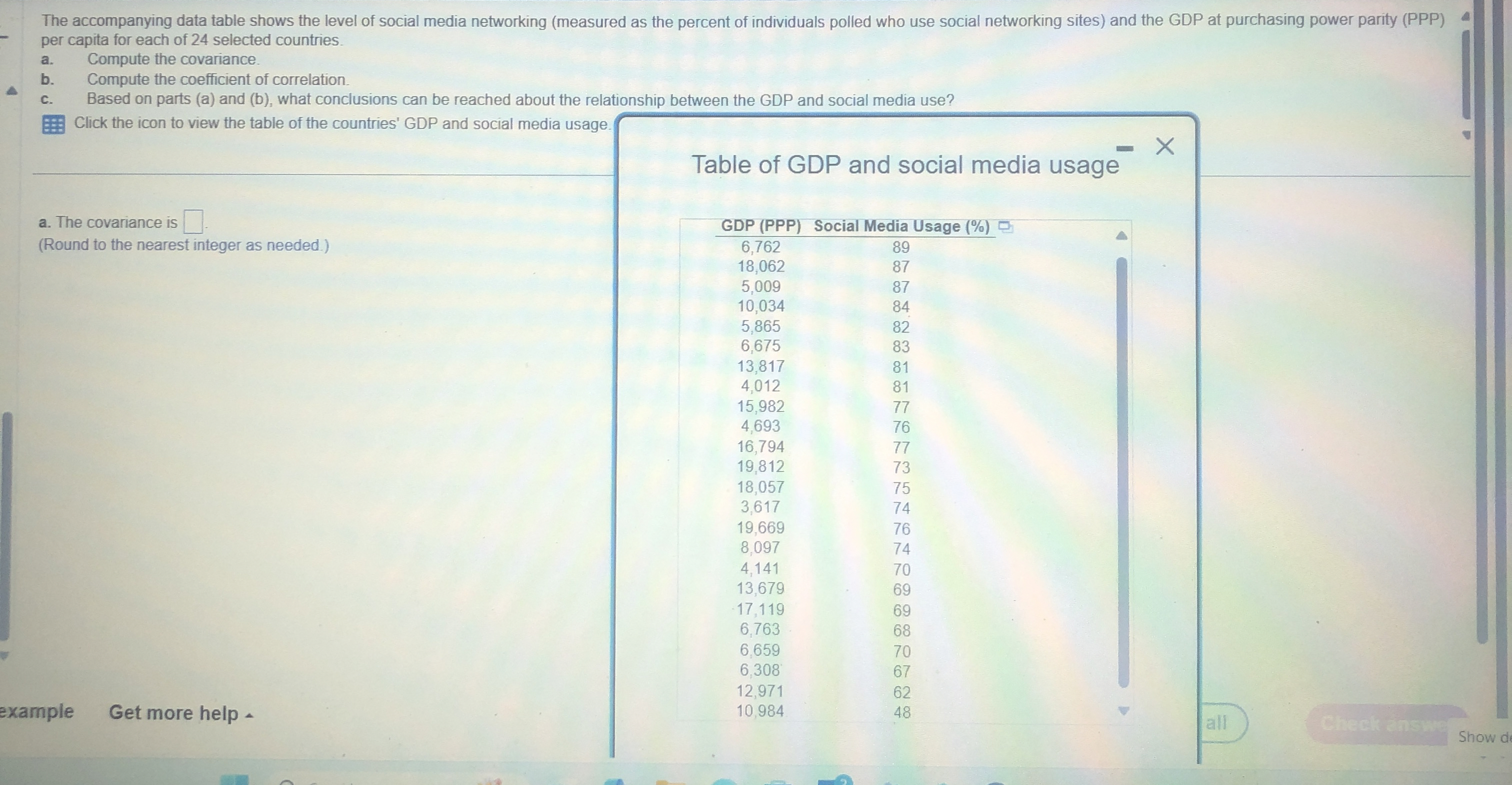 Solved The accompanying data table shows the level of social | Chegg.com
