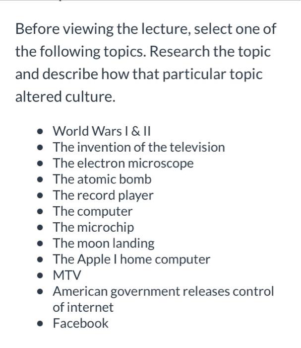 Solved Before viewing the lecture, select one of the | Chegg.com