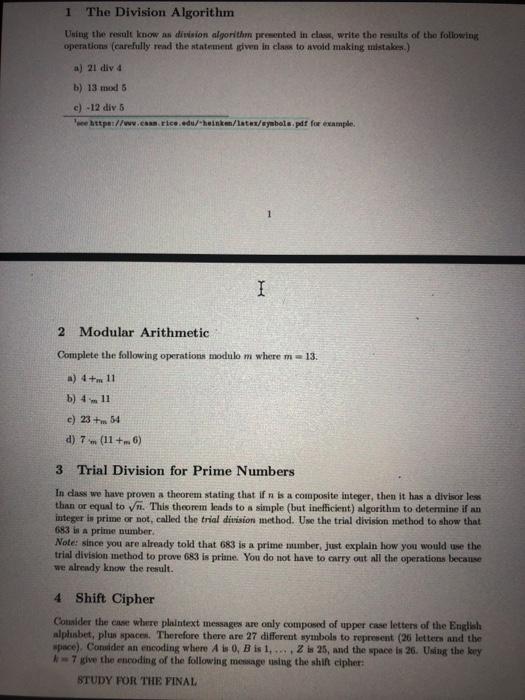 Solved 1 The Division Algorithm Using the result know and | Chegg.com image.