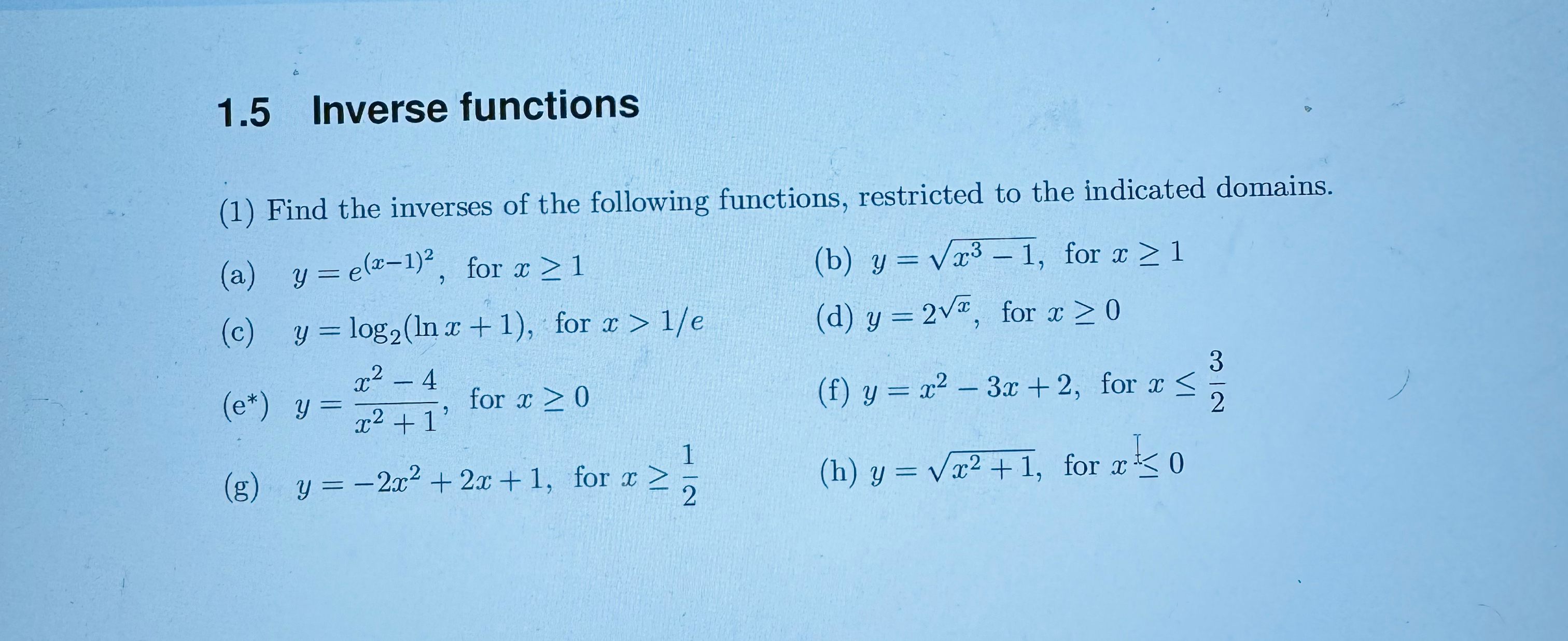 Solved 1.5 ﻿Inverse functions(1) ﻿Find the inverses of the | Chegg.com