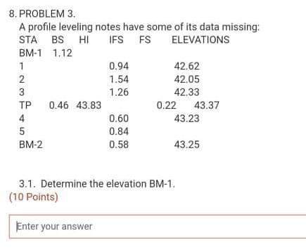 Solved 8. PROBLEM 3. A profile leveling notes have some of | Chegg.com