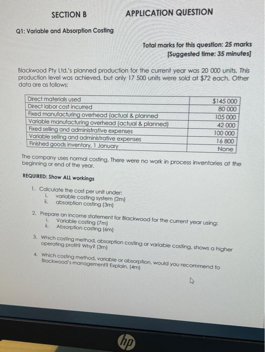 Solved SECTION B APPLICATION QUESTION Q1: Variable And | Chegg.com