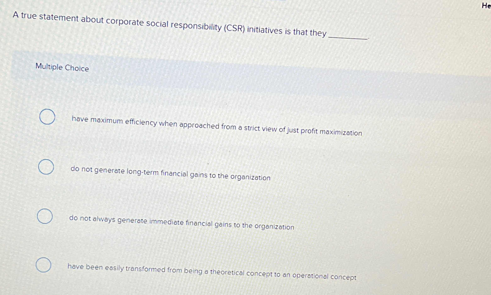 Solved A true statement about corporate social | Chegg.com