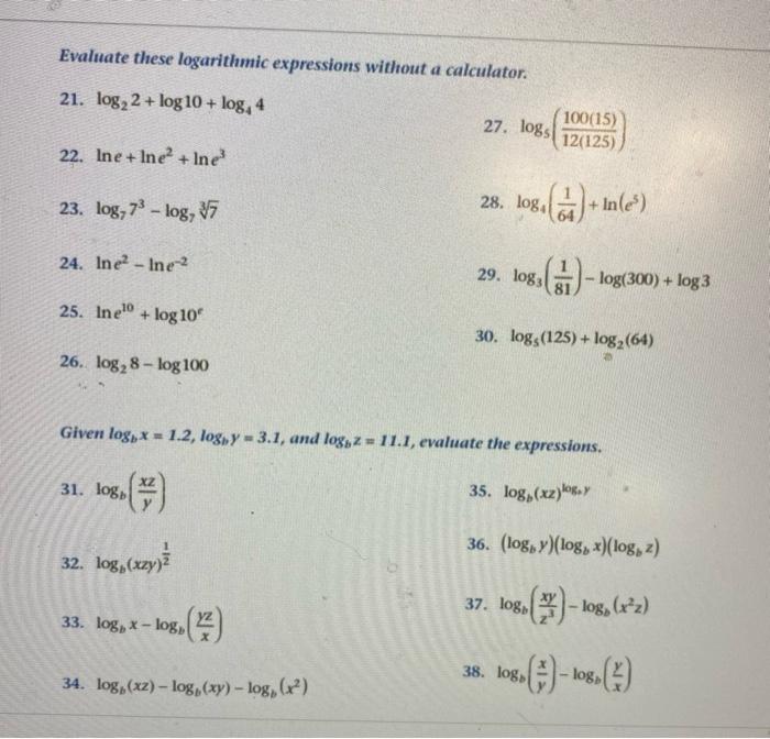 Solved Evaluate these logarithmic expressions without a | Chegg.com