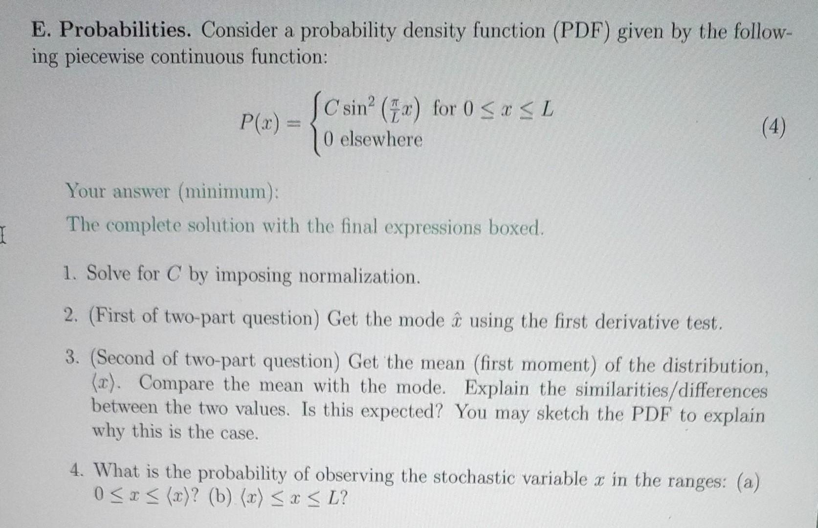 Solved E. Probabilities. Consider A Probability Density | Chegg.com