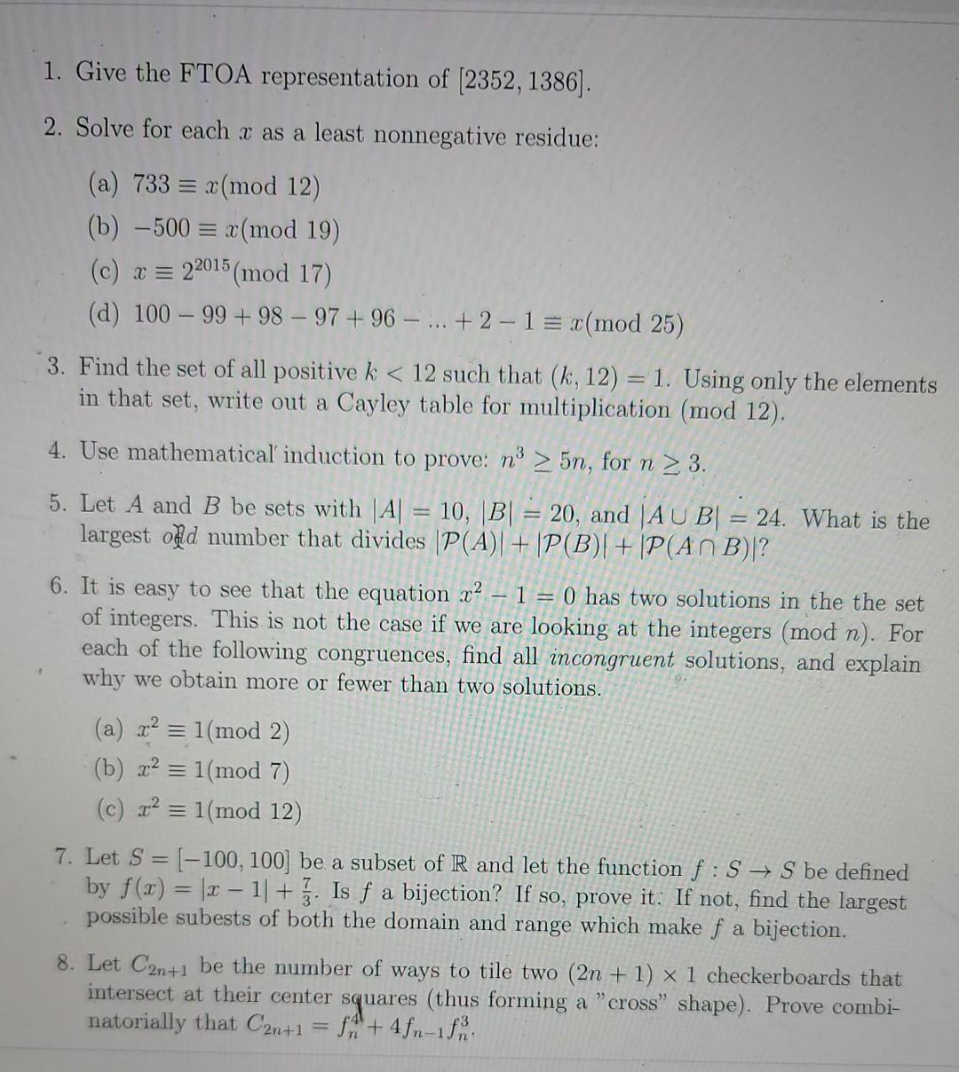 Solved 1. Give the FTOA representation of (2352, 1386). 2. | Chegg.com