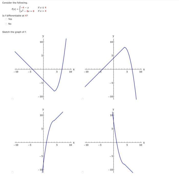 Solved Consider the following. f(x)={−4−xx2−8x+8 if x≤4 if | Chegg.com