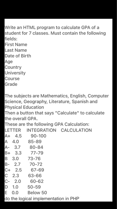 Solved Write an HTML program to calculate GPA of a student | Chegg.com