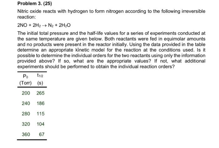Solved Problem 3. (25) Nitric oxide reacts with hydrogen to | Chegg.com