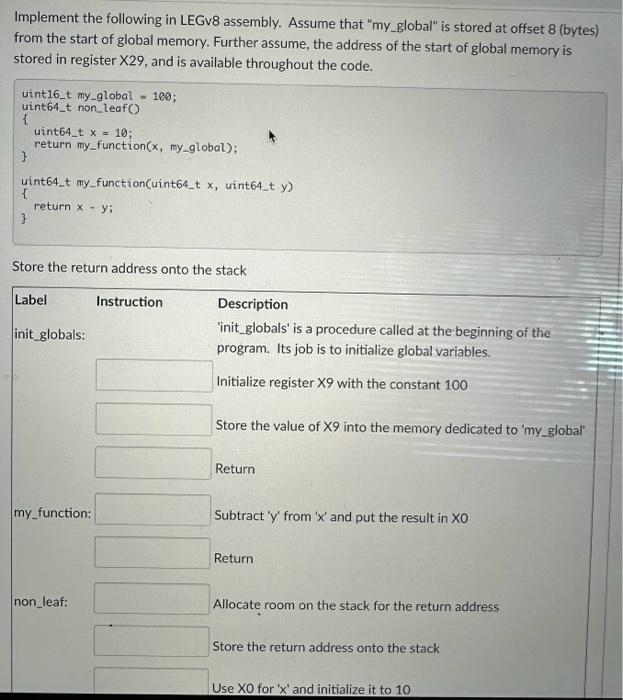 Solved Implement The Following In LEGv8 Assembly. Assume | Chegg.com