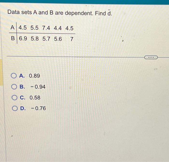 Solved Data Sets A And B Are Dependent. Find Dˉ. A. 0.89 B. | Chegg.com