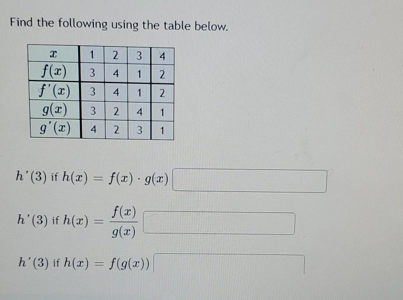 Solved Find the following using the table below. 1 2 3 4 3 4 | Chegg.com