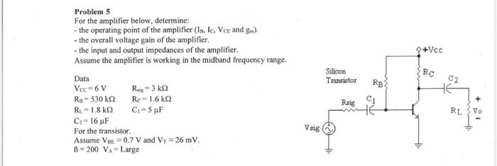 Solved Problem 5 For the amplifier below, determine: - the | Chegg.com