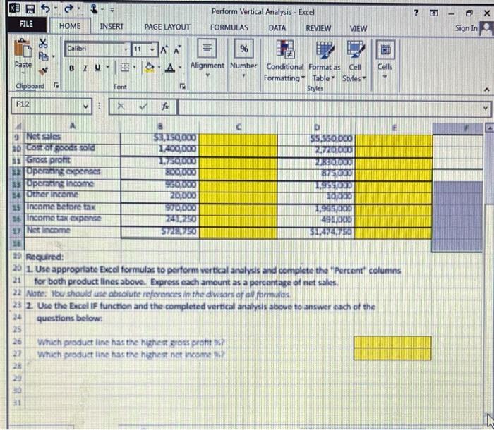 Recuired:
1. Use appropriate Excel formulas to perform vertical analyis and compliste the Percent columens for both product