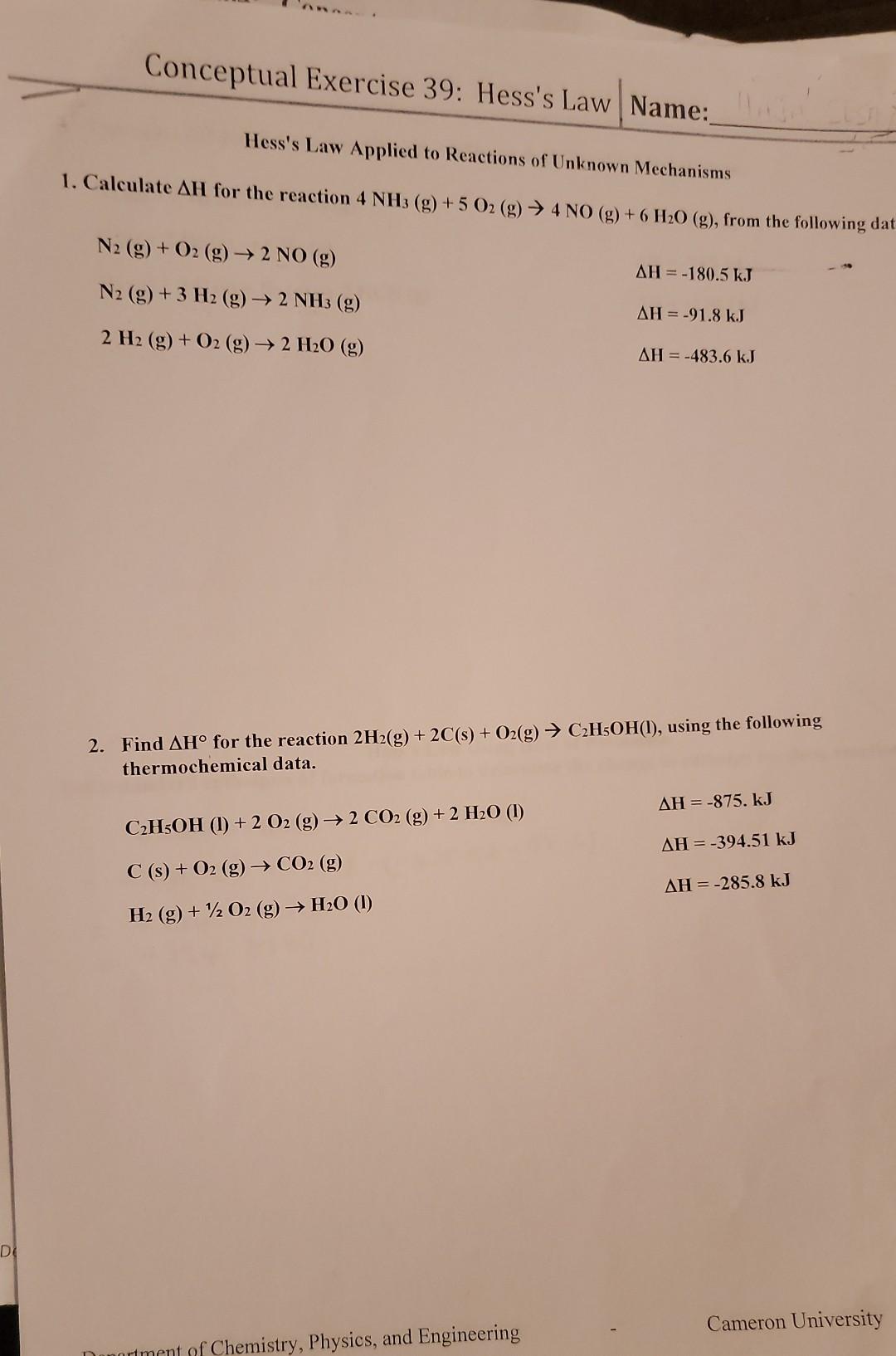 Solved D Conceptual Exercise 39: Hess's Law Name:_ Hess's | Chegg.com