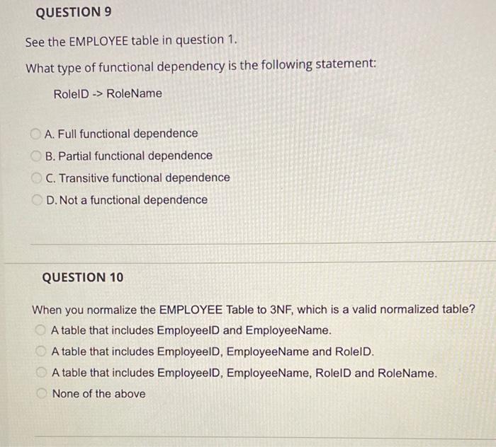 Solved QUESTION 1 Consider the table EMPLOYEE Employeeld | Chegg.com