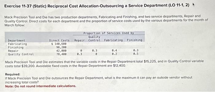 Solved Exercise 11-37 (Static) Reciprocal Cost | Chegg.com