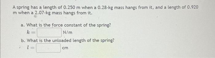 Solved A spring has a length of 0.250 m when a 0.28−kg mass | Chegg.com