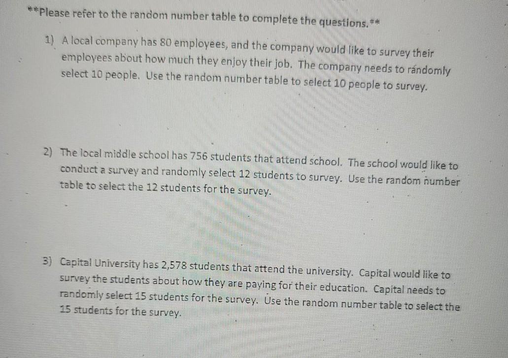 Solved **Please refer to the random number table to complete | Chegg.com
