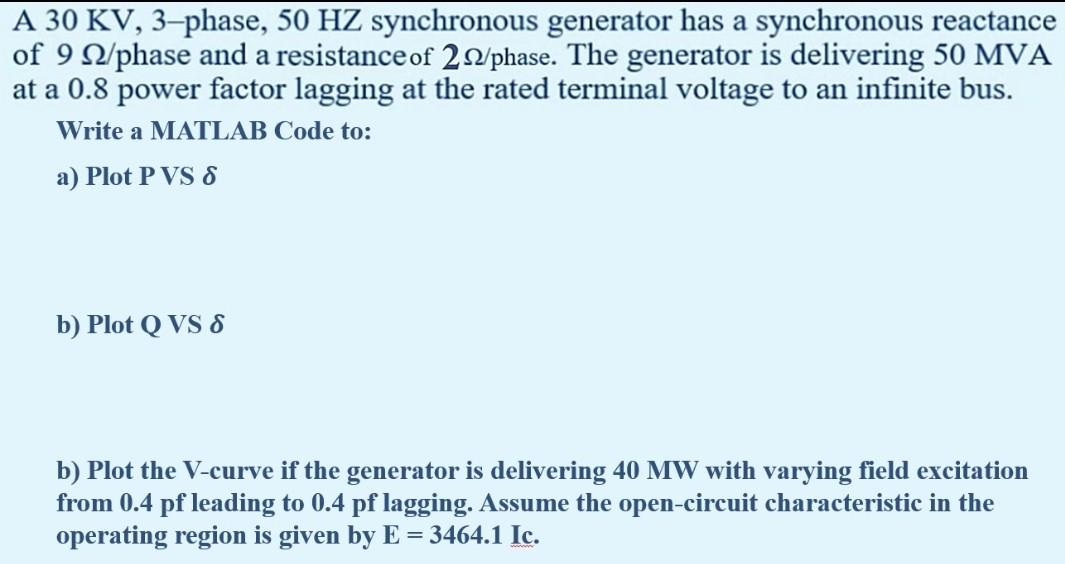 Solved A 30 KV, 3–phase, 50 HZ synchronous generator has a | Chegg.com