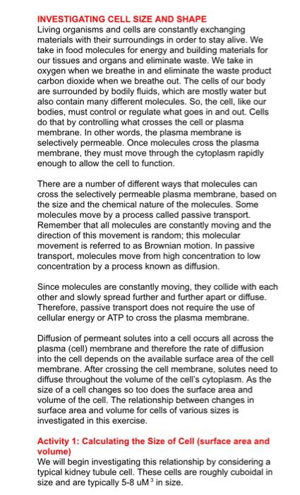 Solved INVESTIGATING CELL SIZE AND SHAPE Living organisms | Chegg.com