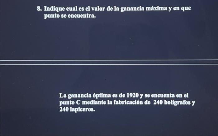 8. Indique cual es el valor de la ganancia máxima y en que punto se encuentra. La ganancia óptima es de 1920 y se encuenta en