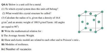 Solved 04:1/Below is a unit cell for a metal (1) To which | Chegg.com