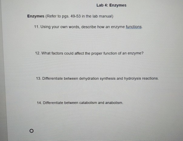 Solved Lab 4: Enzymes Enzymes (Refer to pgs. 49-53 in the | Chegg.com