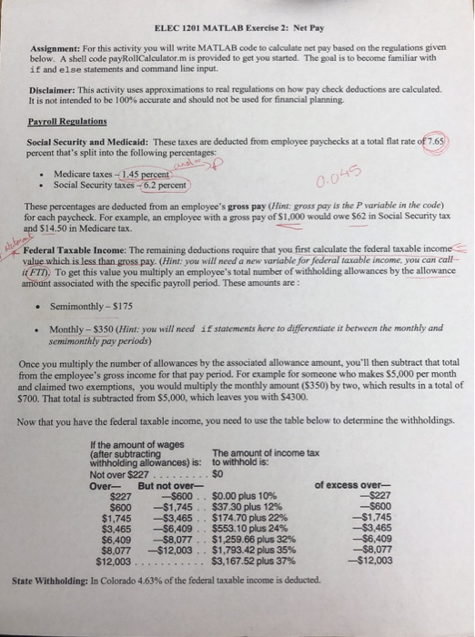 ELEC 1201 MATLAB Exercise 2: Net Pay Assignment: For | Chegg.com