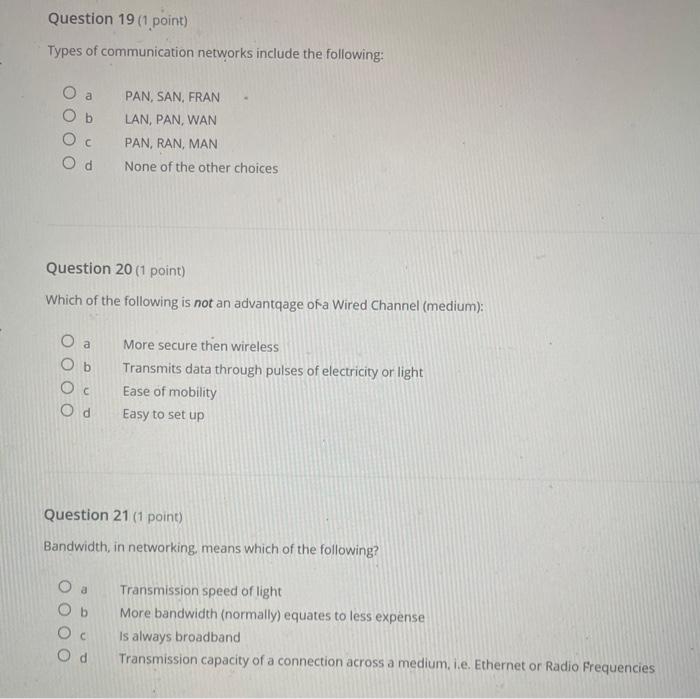 Solved Question 19 (1 point) Types of communication networks