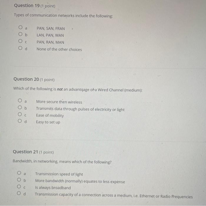 Solved Question 19 (1 Point) Types Of Communication Networks | Chegg.com