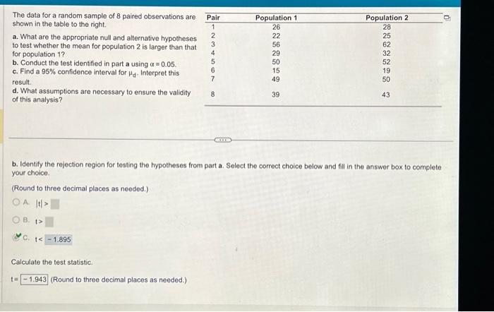 Solved The data for a random sample of 8 paired observations | Chegg.com