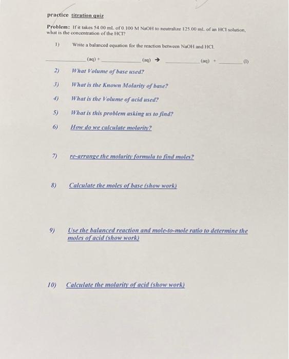 Solved practice titration quiz Problem If it takes 54.00 mL