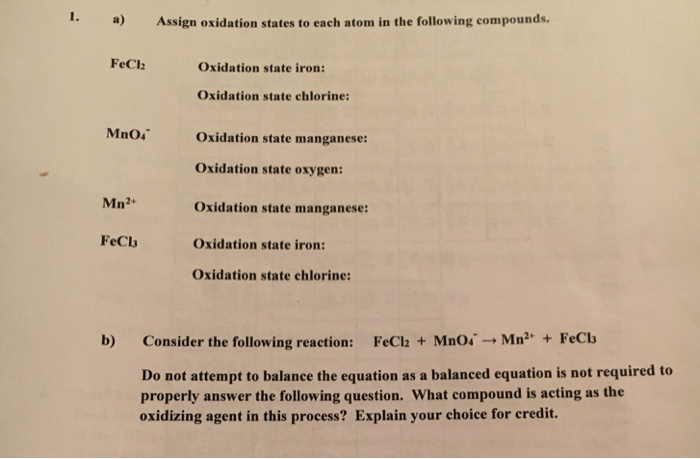 oxidation number of cl2 in fecl2