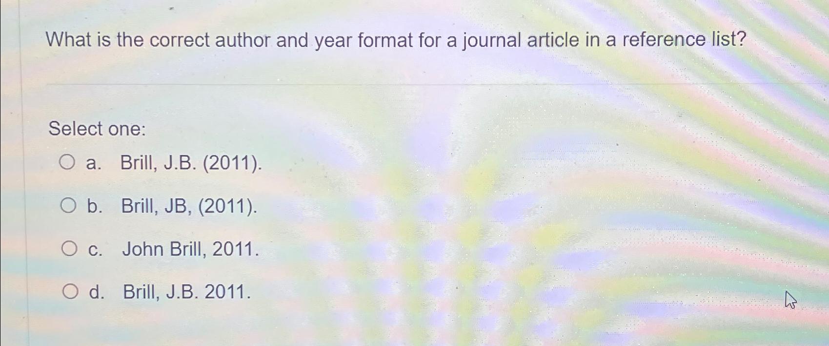 Solved What is the correct author and year format for a | Chegg.com