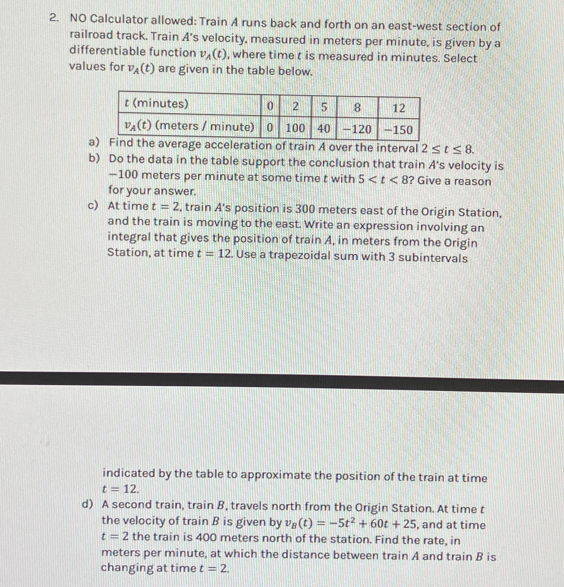 Solved NO Calculator allowed: Train A runs back and forth on | Chegg.com