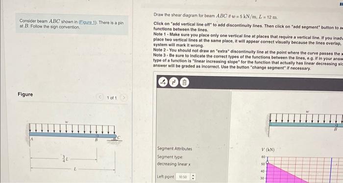 Draw the shear diagram for beam \( A B C \) if \( w=5 \mathrm{kN} / \mathrm{m}, L=12 \mathrm{~m} \).
Consider beam \( A B C \