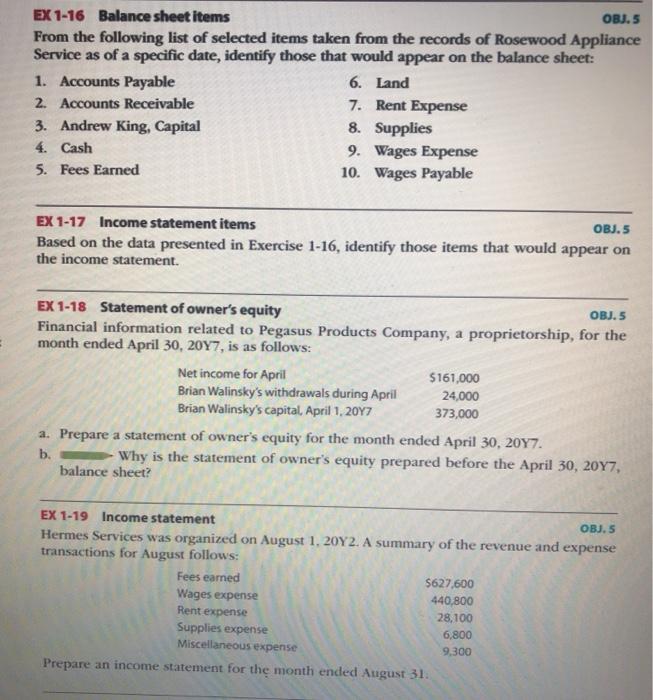 Solved EX 18 Asset, liability, and owner's equity items