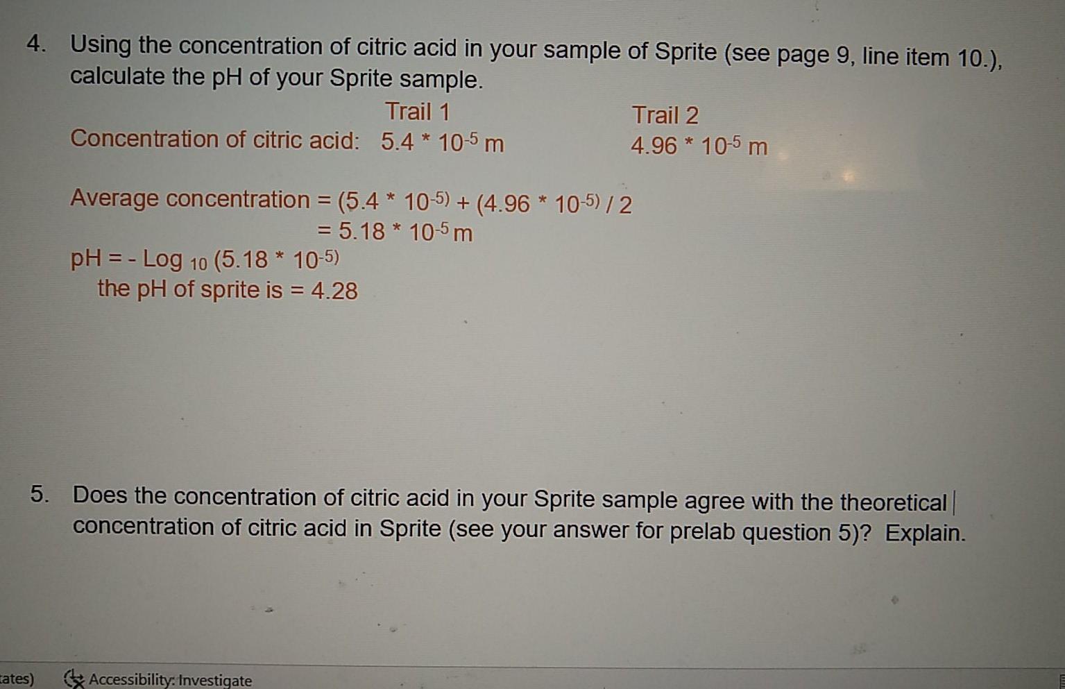 Solved 4. Using The Concentration Of Citric Acid In Your | Chegg.com