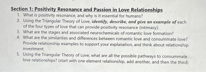 Section 1: Positivity Resonance and Passion in Love | Chegg.com