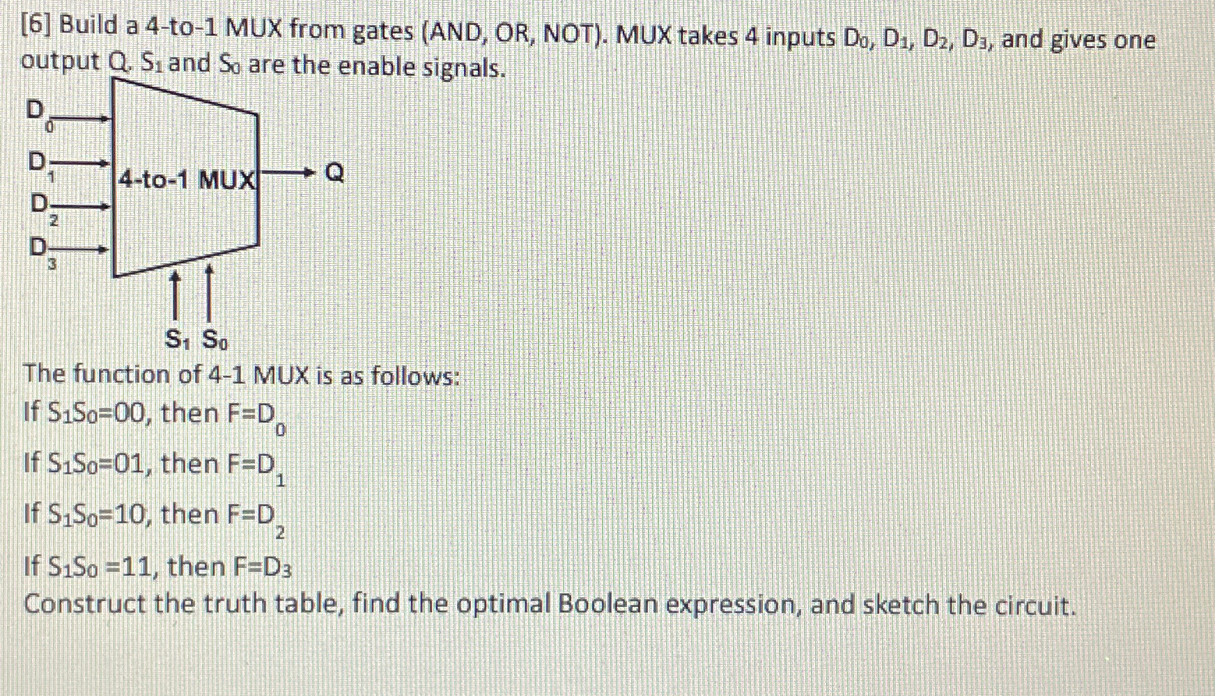 Solved [6] ﻿Build a 4-to-1 ﻿MUX from gates (AND, ﻿OR, ﻿NOT). | Chegg.com