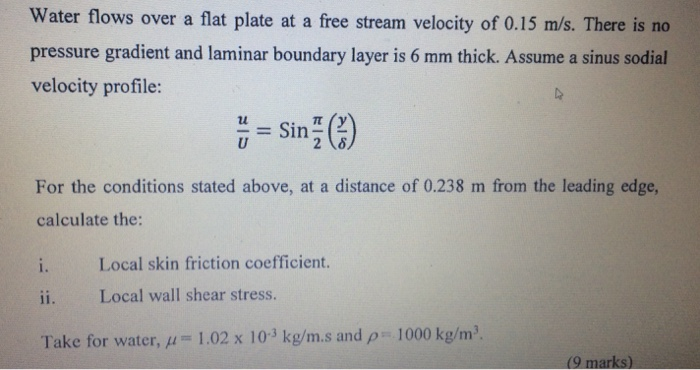 Solved Water flows over a flat plate at a free stream | Chegg.com