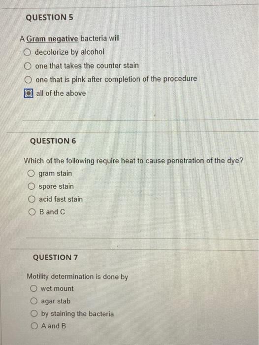 Solved QUESTION 5 A Gram negative bacteria will O decolorize | Chegg.com