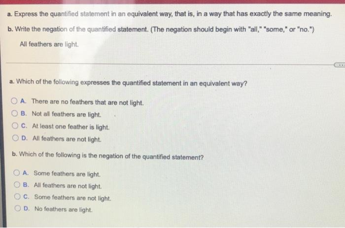 Solved a. Express the quantified statement in an equivalent | Chegg.com